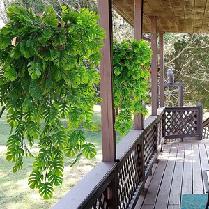 Monstera Deliciosa Artificial Vines 77Cm Round <b>Plastic</b> Hanging <b>Basket</b> Outdoor Home Decor High Simulation Green Leaves - Product Image 1