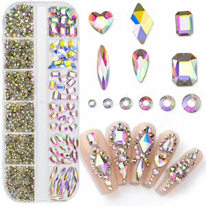 Caja de 12 compartimentos con diamantes de imitación acrílicos mixtos para <span class=keywords><strong>uñas</strong></span>, dijes de <span class=keywords><strong>uñas</strong></span> de base plana con formas irregulares de corazón y gota de agua, decoración de <span class=keywords><strong>uñas</strong></span> con brillo explosivo - Product Image 2