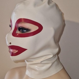 Nuevo estilo Blanco/rojo Trim Full Face Hooded Rubber <span class=keywords><strong>Latex</strong></span> Fetish Big Eyes Binding Sexy <span class=keywords><strong>Latex</strong></span> Head - Product Image 1