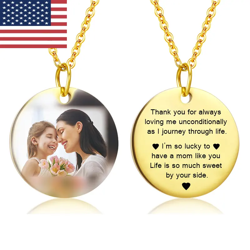 Collar redondo con forma de corazón para el día de la madre, placa con nombre personalizada, foto, cadena de oro, joyería personalizada para hombre y mujer