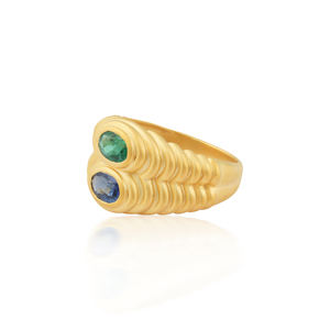 Bague de cocktail en or jaune 18 carats la plus vendue avec saphir bleu émeraude serti clos, style luxueux, taille brillant, bleu éblouissant - Product Image 2