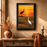 Décoration côtière pour salon |   Art sur toile |   Impression minimaliste coucher de soleil avec heron et grue, encadrée or noir OEM ODM