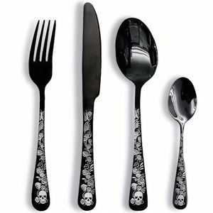 Wholesale Stainless Steel <b>Cutlery</b> <b>Set</b> Halloween Design <b>Black</b> Skull Dinner Knife Fork Spoon Flatware for Restaurant Hotel Party - Product Image 1