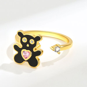 Anillos Abiertos Giratorios con Diseño de Oso de Peluche y Gota de Pegamento Negra, Engaste de Bisel, Zirconia Cúbica Rosa con Corte Corazón, Bañado en Oro sobre Cobre, Joyería Antiestrés - Product Image 4