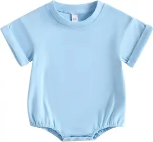 Toptan yaz bebek tulum bambu kolsuz düz renk Unisex rahat kısa örme bebek Bodysuit ile özel Logo