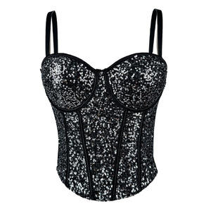 Top bustier en dentelle super court, sexy, ajusté, à sequins, pour femme, avec soutien-gorge intégré à baleines, collection printemps-été - Product Image 2