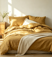 Parure de lit unie en lin français 100% stonewashed, jaune moutarde, comprenant une housse de couette et un drap en lin naturel