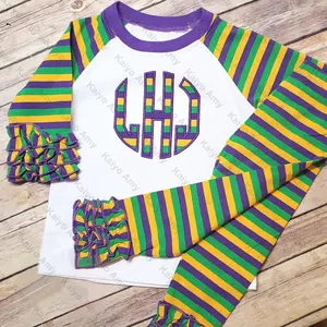 Monogramme Mardi Gras chemise tenue pour bébé enfants filles coton tricot glaçage à volants filles ensembles de vêtements