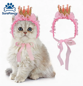 Ensemble de costumes d'<span class=keywords><strong>anniversaire</strong></span> pour animaux de compagnie, couvre-chef unisexe pour chat, écharpe en dentelle avec couronne - Product Image 1