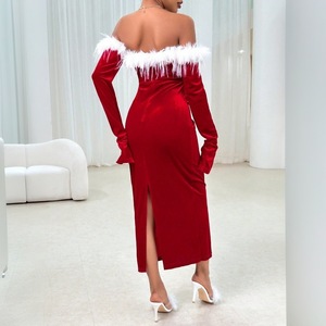 Women Red Velvet Off the Shoulder <strong>White</strong> <strong>Fur</strong> Trim Long Sleeve Bodycon Midi Christmas <strong>Dress</strong> - Product Image 2
