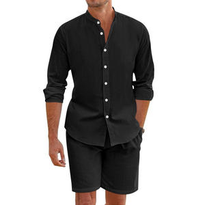 Conjunto de Camisa y Pantalones Cortos de Lino para Hombre, Estilo Americano, Transpirable, Informal, de Manga Larga, para Playa, en Blanco, Negro y Caqui - Product Image 3