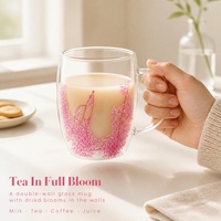 Mug en verre à double paroi avec fleurs séchées et poignée en verre, tasse à café ou à thé transparente, vaisselle pour la maison, le café ou comme cadeau
