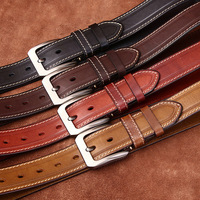 Sabuk Kulit Sapi Vintage Berkualitas Tinggi 3.8CM, Desain Trendi, Sabuk Kulit Asli untuk Pria, Gesper Jarum, Sabuk Jeans Pria, Sabuk Jahit