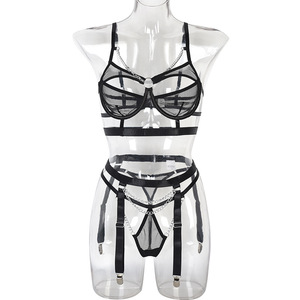 Abito da notte <span class=keywords><strong>Sexy</strong></span> con cinturino in Lingerie in pizzo 2025 nuova catena <span class=keywords><strong>Sexy</strong></span> a rete cava e <span class=keywords><strong>Sexy</strong></span> in tre pezzi Set <span class=keywords><strong>abbigliamento</strong></span> donna - Product Image 5