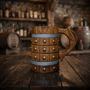 Chope à bière vintage en bois avec rivets métalliques et bandes en corde, vaisselle de fête - Product Image 1