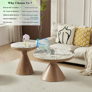 Table basse en céramique OKAY, ronde, luxueuse, brillante, effet marbre, pour salon, avec base conique en bois, style moderne minimaliste - Product Image 1