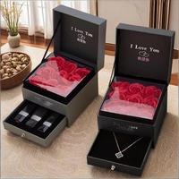 Boîte à fleurs en forme de rose à double couche avec tiroir, bronzage, je t'aime, meilleurs vœux, 9 fleurs, rouge à lèvres, collier, bague, style bijoux, Saint-Valentin