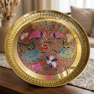 Assiette décorative orientale faite à la main, ronde, en métal, peinte à la main, motif floral d'oiseaux, cadre doré, cadeau artistique - Product Image 4