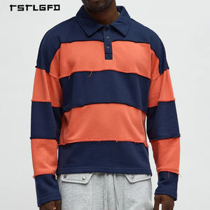 T-shirt Homme Rétro Effet Vieilli Bords Bruts Manches Longues Colorblock Épaules Tombantes Polo Rugby Streetwear Haut de Gamme - Product Image 1