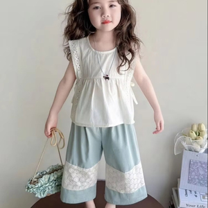 Set di vestiti casual estivi in due pezzi <span class=keywords><strong>per</strong></span> bambine, top senza maniche con occhielli e pantaloni a gamba larga - Product Image 1