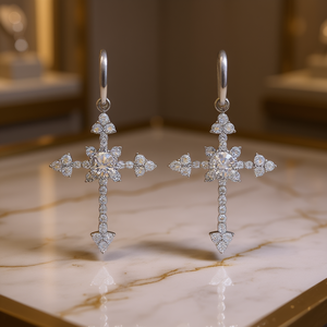 Pendientes de Lujo con Cruz, Plata 925, Cristal y Diamantes de Imitación, Engaste de Garra, Joyería Religiosa para Mujer, Ceremonia Cristiana - Product Image 2