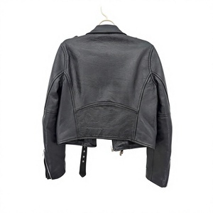 Chaqueta de Cuero Genuino para Mujer, Manga Larga, Cuello Camisero, Cierre de Cremallera, Estilo Corto, Color Sólido - Product Image 2