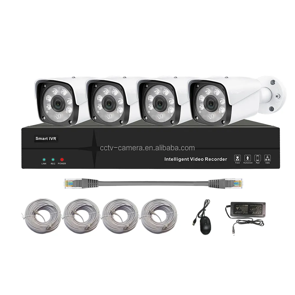 4CH CCTV IP Bullet kamera üreticisi NVR POE opsiyonel 4 kanallı kitleri ile 4 adet açık IP Bullet güvenlik kamerası ve kablo güç