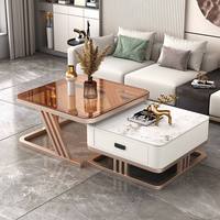 Table basse en ardoise avec tiroir de rangement, table d'appoint gigogne de luxe, base dorée, mobilier de maison