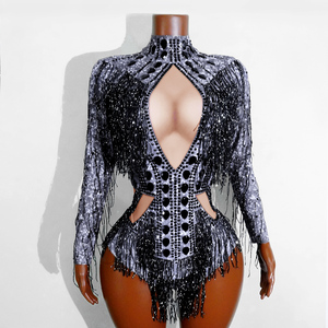 Combinaison pour femme adulte à motif argenté futuriste et franges de strass noirs, style Dark Glamour, pour Cyber Rave, <span class=keywords><strong>Majorette</strong></span>, Drag Queen et tenue de scène - Product Image 1