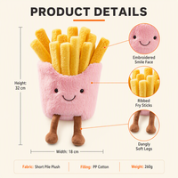Peluche personnalisée avec étiquette, motif frites kawaii, visage brodé, pour présentation sur comptoir de café fast-food