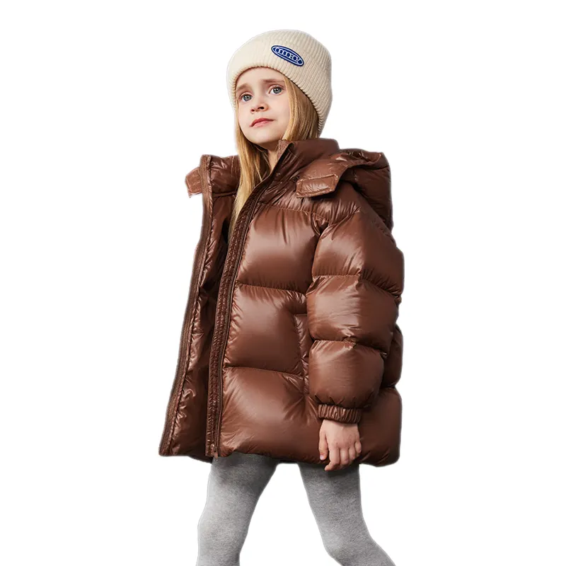 Piumino per bambini unisex di lusso in tessuto splendente cappotto invernale caldo all'aperto con cappuccio vestiti invernali per bambini