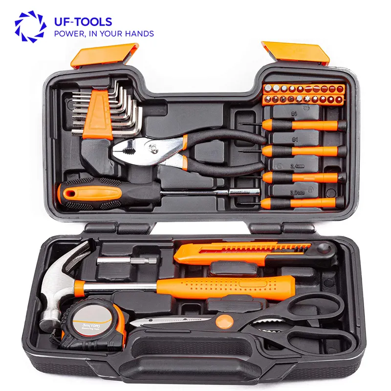 El mejor juego de herramientas de mano naranja de 39 piezas, martillos de enchufes domésticos generales, caja de herramientas de plástico personalizada, caja de almacenamiento, poda