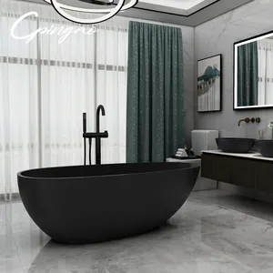 Baignoire en pierre artificielle noire de grande taille, baignoire autoportante en céramique en pierre de marbre artificielle