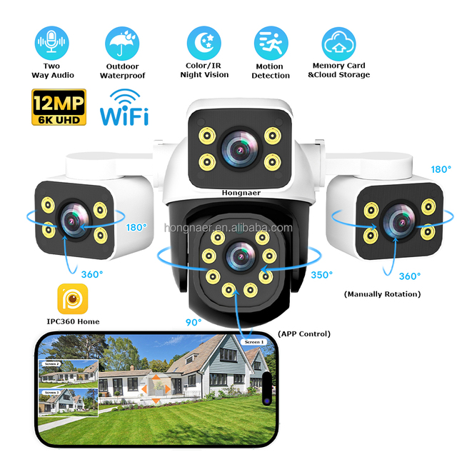 Hongnaer 12MP 6K WiFi Outdoor Smart HD Video PTZ IP Wireless Camera IPC360 Home 3 Lens CCTV Surveil Security Network WiFi Camera