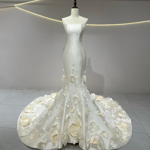 JFH59 Vestidos de Novia Modernos de Encaje con Lentejuelas, de Satén Exquisito, Ajustados, con Flores 3D, Cola de Sirena, Largos hasta el Suelo, para Fiesta de Cumpleaños - Product Image 1