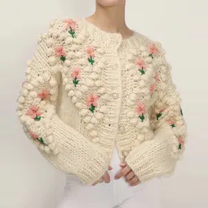 2024 Custom Chunky Knitted Popcorn Cardigan Sweater Women Hand Made Embroidery Cropped Cardigan With Pearl Button