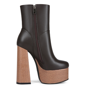 Bottines à talons épais et plateforme pour femme, grande taille 47, couleur bois, coupe large, bout rond, bottines courtes - Product Image 5