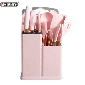 Ensemble de couteaux de cuisine Outils de cuisine Ustensiles de cuisine avec support de rangement Silicone Vente à chaud 19 pièces Manche en bois Ustensiles de cuisine Boîte rose