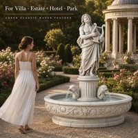 Fontaine en pierre sculptée à la main, statue grecque d'Apollon avec lyre, fontaine extérieure, décoration de jardin, d'hôtel ou de parc, avec motif de dauphin.