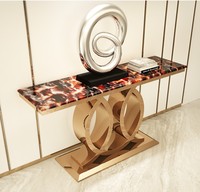 Table console moderne de luxe en marbre et acier inoxydable doré pour salon, couloir ou entrée de villa