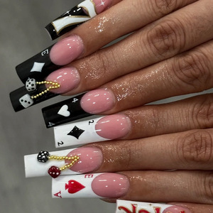 24 faux ongles longs en ABS à presser, motif cartes à jouer, pré-dessinés avec colle, pour usage professionnel en salon, réutilisables - Product Image 1