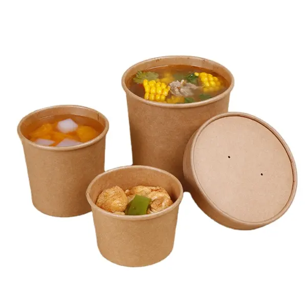 डिस्पोजेबल 8 12 16 26 32oz क्राफ्ट कागज सूप कप नूडल कटोरा जाने के लिए क्राफ्ट पेपर सूप कटोरे कागज lids के साथ सूप कंटेनर