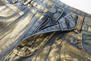 Jeans en denim décontractés à jambe droite, style Y2K, tendance streetwear, hip-hop, effet délavé, bleu métallisé, revêtement laser doré, unisexe, fabrication en usine - Product Image 4