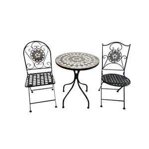 モザイクアートメタルフレームテーブルと椅子2脚サークル屋外家具ガーデンセット