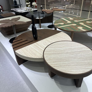 Ensemble de <span class=keywords><strong>table</strong></span> <span class=keywords><strong>basse</strong></span> et <span class=keywords><strong>table</strong></span> d'appoint ronde de style Wabi-Sabi : <span class=keywords><strong>Travertin</strong></span> + couleur noyer, combinaison créative du milieu du siècle pour les salons de villa - Product Image 2