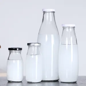 Süt ürünleri için özel geri dönüşümlü gıda sınıfı şişe cam kap ile vintage süt içecek şişesi