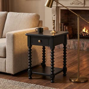 Table d'appoint vintage noire <span class=keywords><strong>en</strong></span> bois massif avec étagère de rangement ouverte pour salon et mobilier de maison - Product Image 3