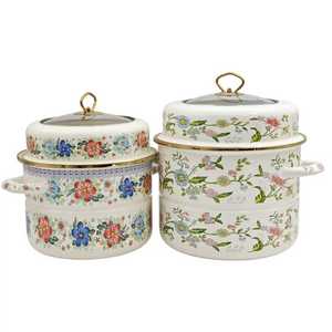 Batterie de cuisine en <span class=keywords><strong>fonte</strong></span> <span class=keywords><strong>émaillée</strong></span> de haute qualité, comprenant une cocotte, une marmite vapeur et une marmite à soupe, avec couvercle en verre et doubles poignées, pour la maison, la cuisine et le camping - Product Image 1