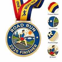 Médaille de finisseur de course à pied en relief 3D émaillée plaquée or personnalisée avec ruban pour marathon, course de course à pied, récompense sportive 2026