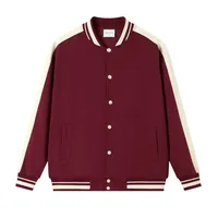 Blouson Bomber Varsity Crème Marine, Manches Contrastantes à Rayures et Bordures Côtelées, Fermeture à Boutons Pression, Poches Plissées, Épaules Tombantes Décontractées
